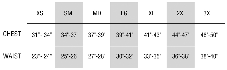 Apparel Size Chart @ Royal Apparel